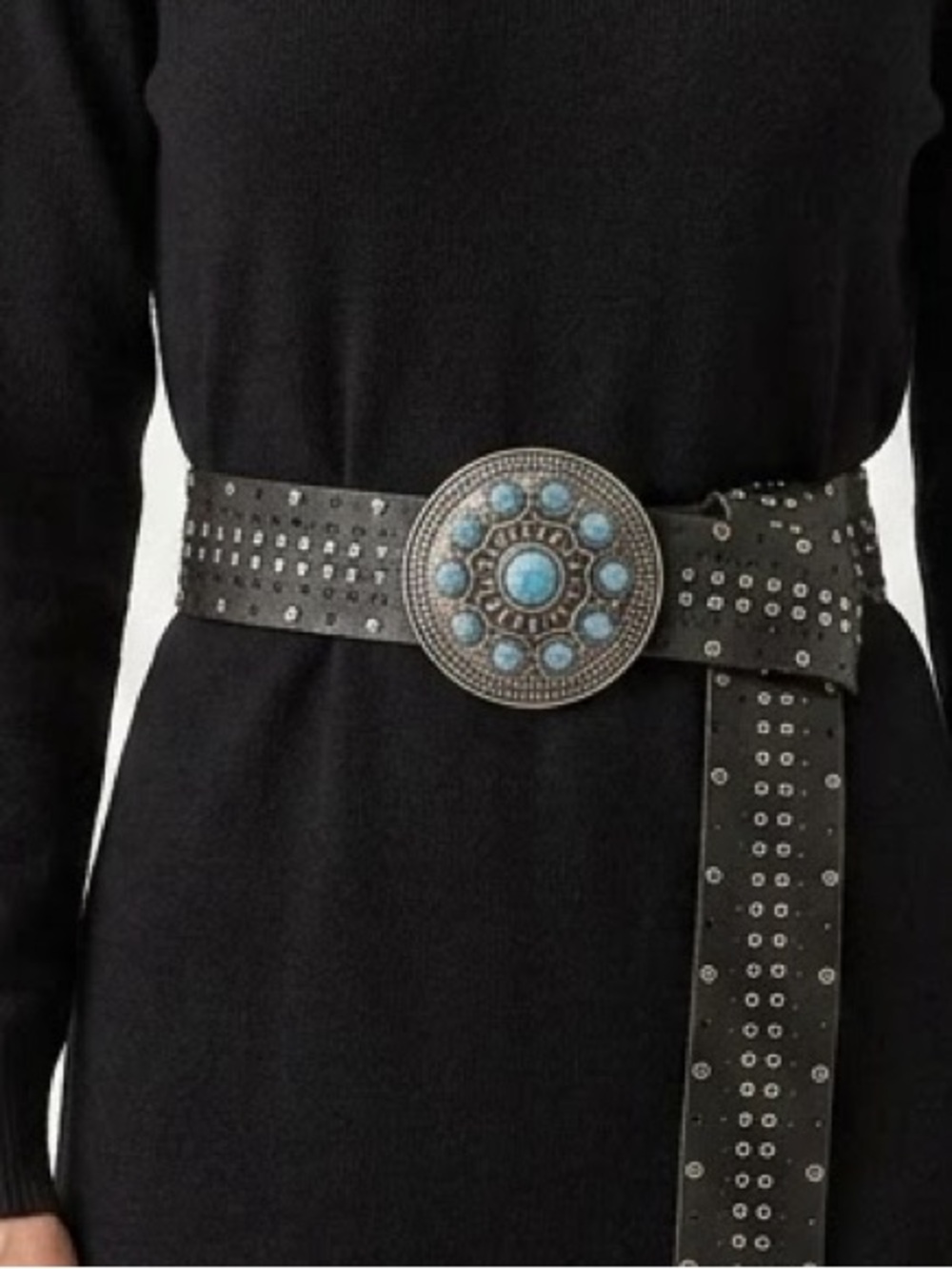 Vintage Boho Black Leather Studded Belt with Faux Turquoise Statement Buckle | M